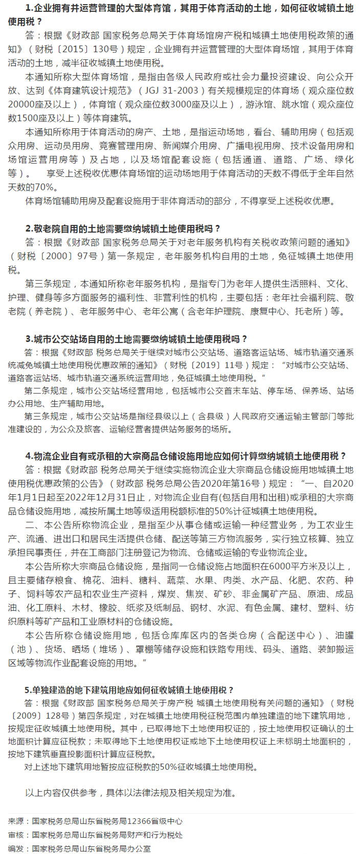 国家税务总局山东省税务局——【12366热点问答】城镇土地使用税的减免优惠（二）-1