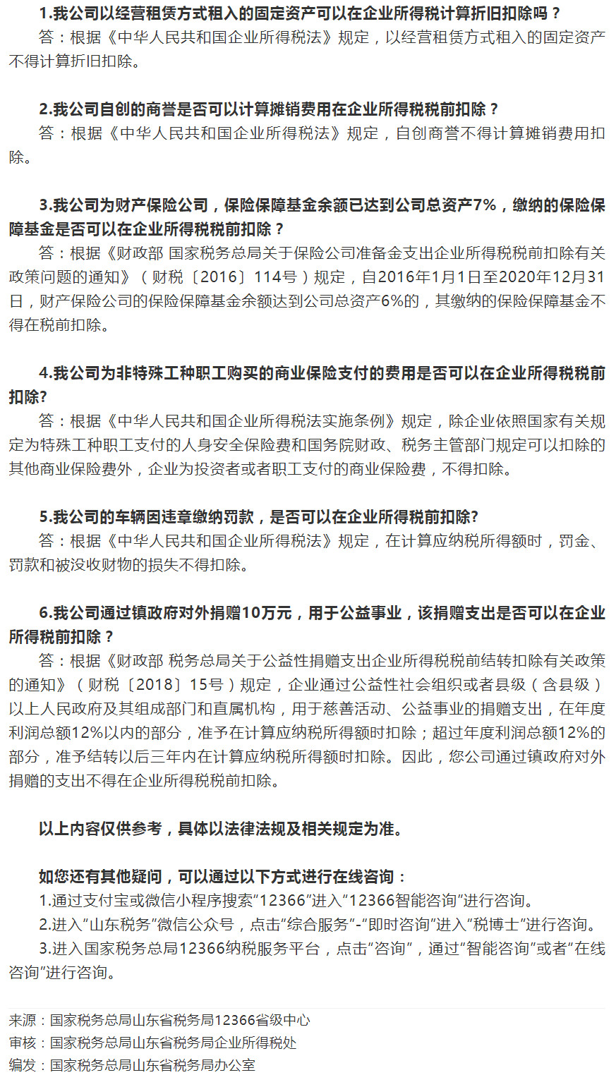 国家税务总局山东省税务局——这些项目企业所得税前不得扣除（一）——2020年11月12366热点问答-1