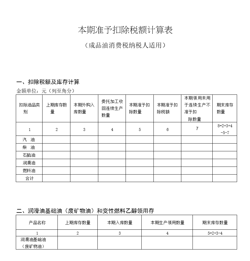 本期准予扣除税额计算表（成品油消费税纳税人适用）