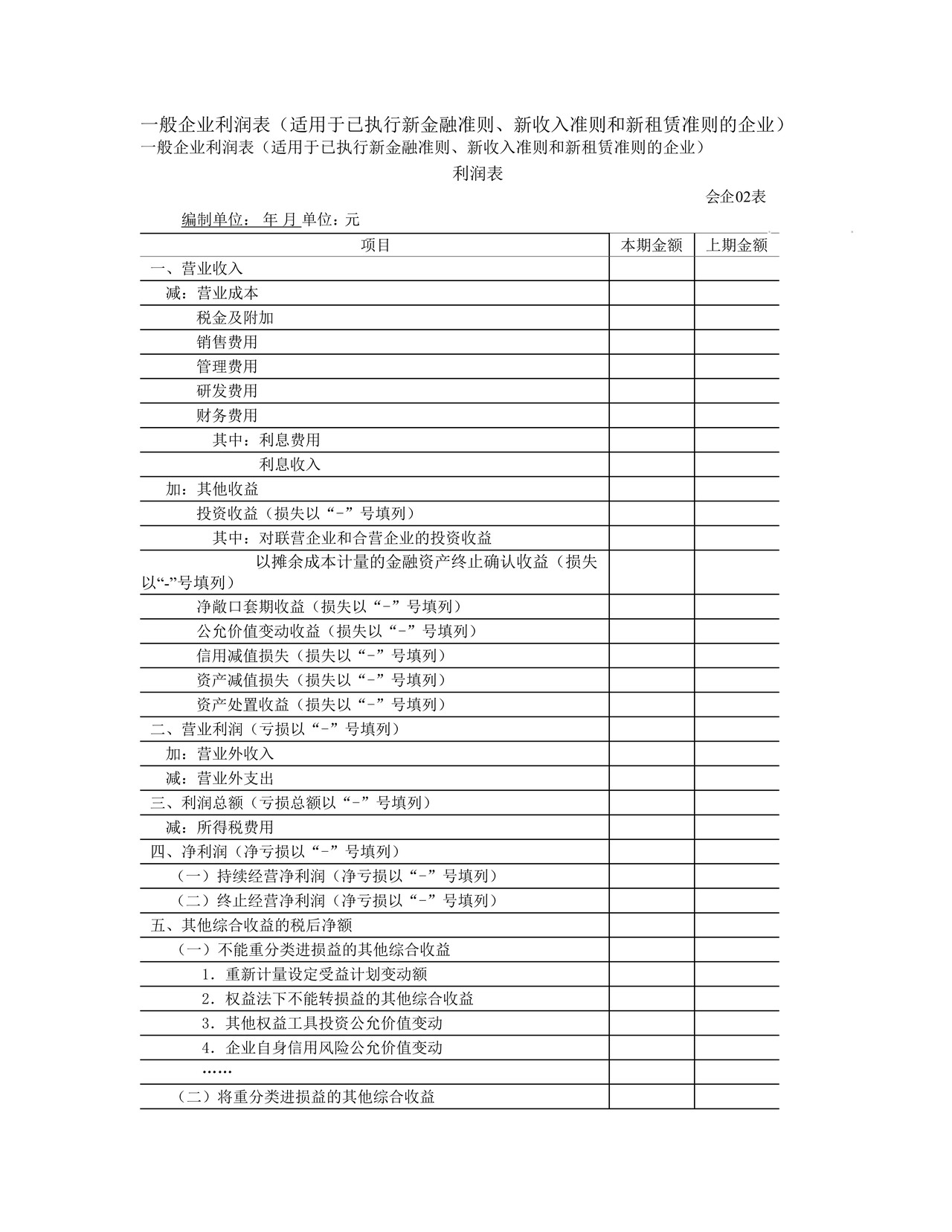 一般企业利润表（适用于已执行新金融准则、新收入准则和新租赁准则的企业）