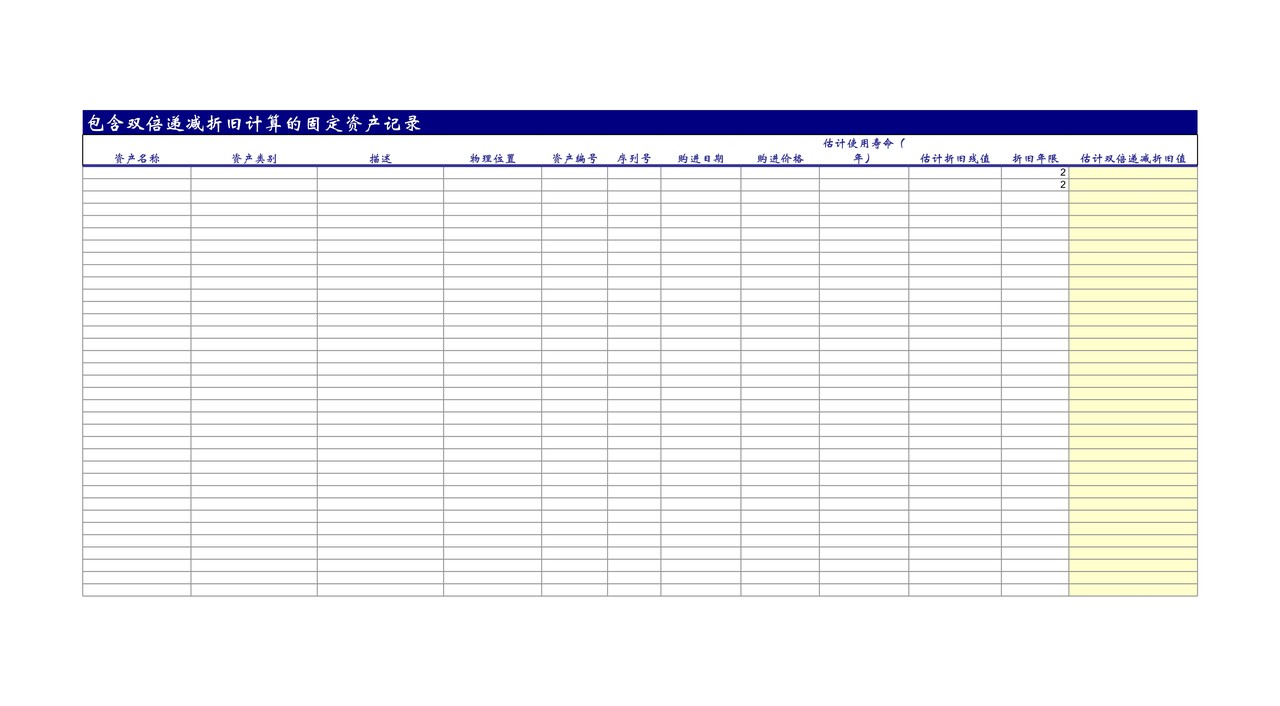 包含双倍递减折旧计算的固定资产记录