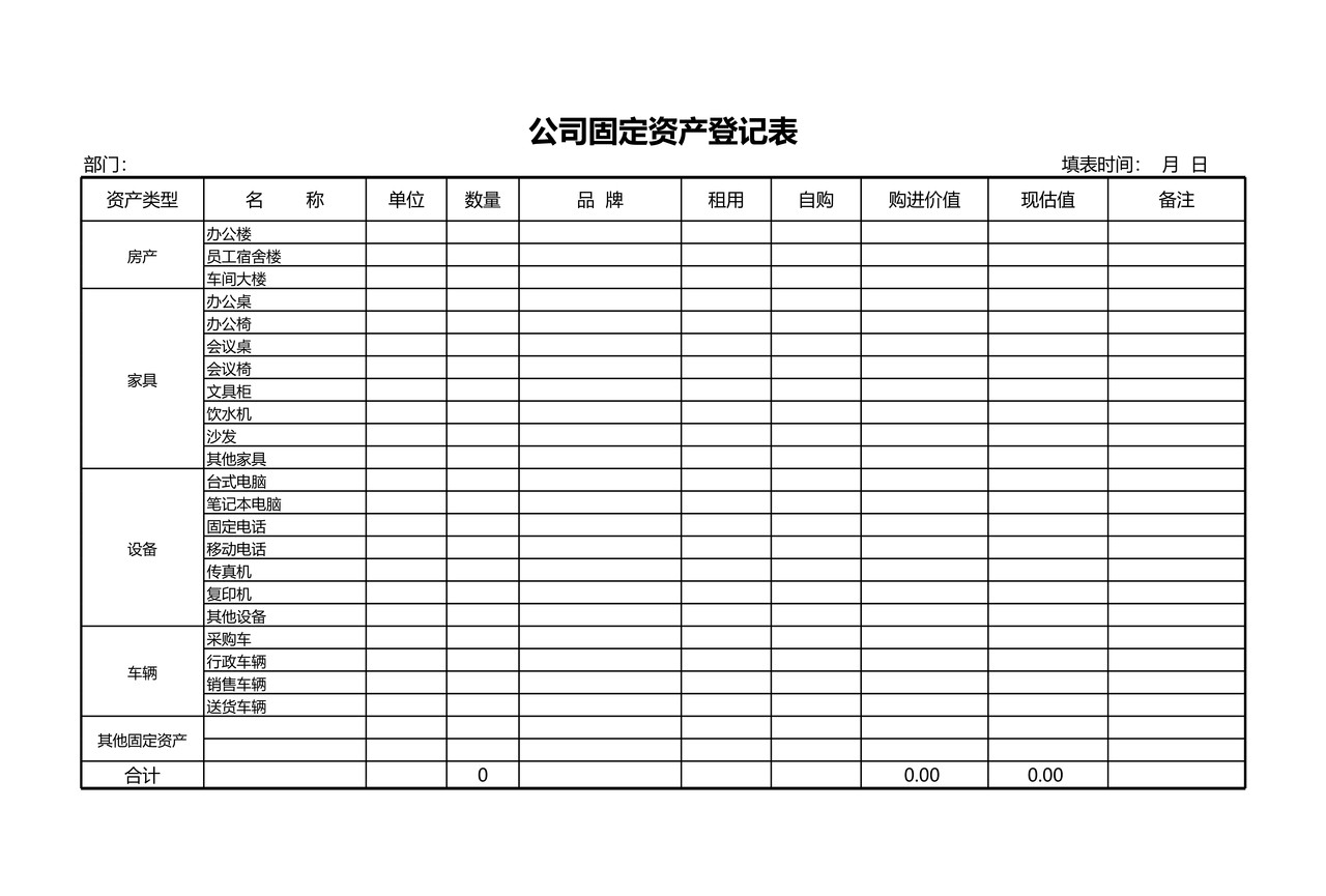 公司固定资产登记表