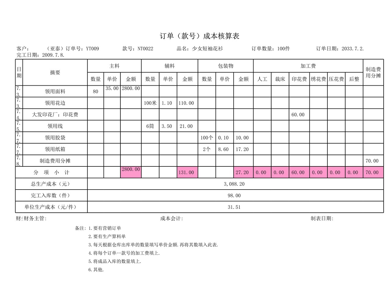 订单（款号）成本核算表--样板