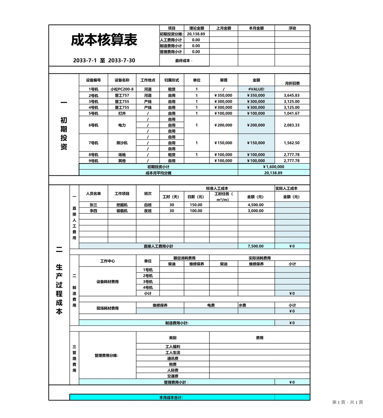 成本核算格式