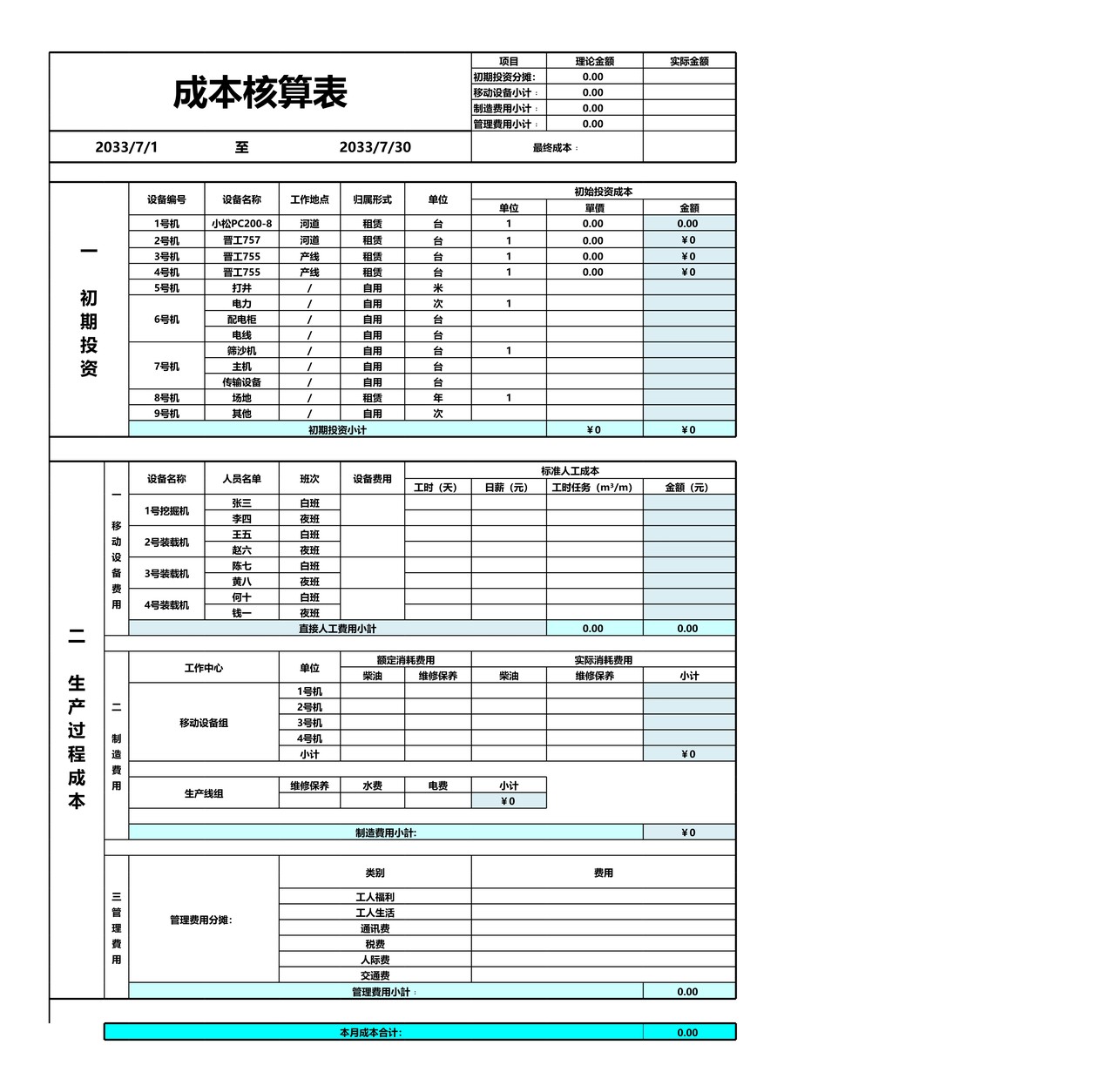成本核算格式