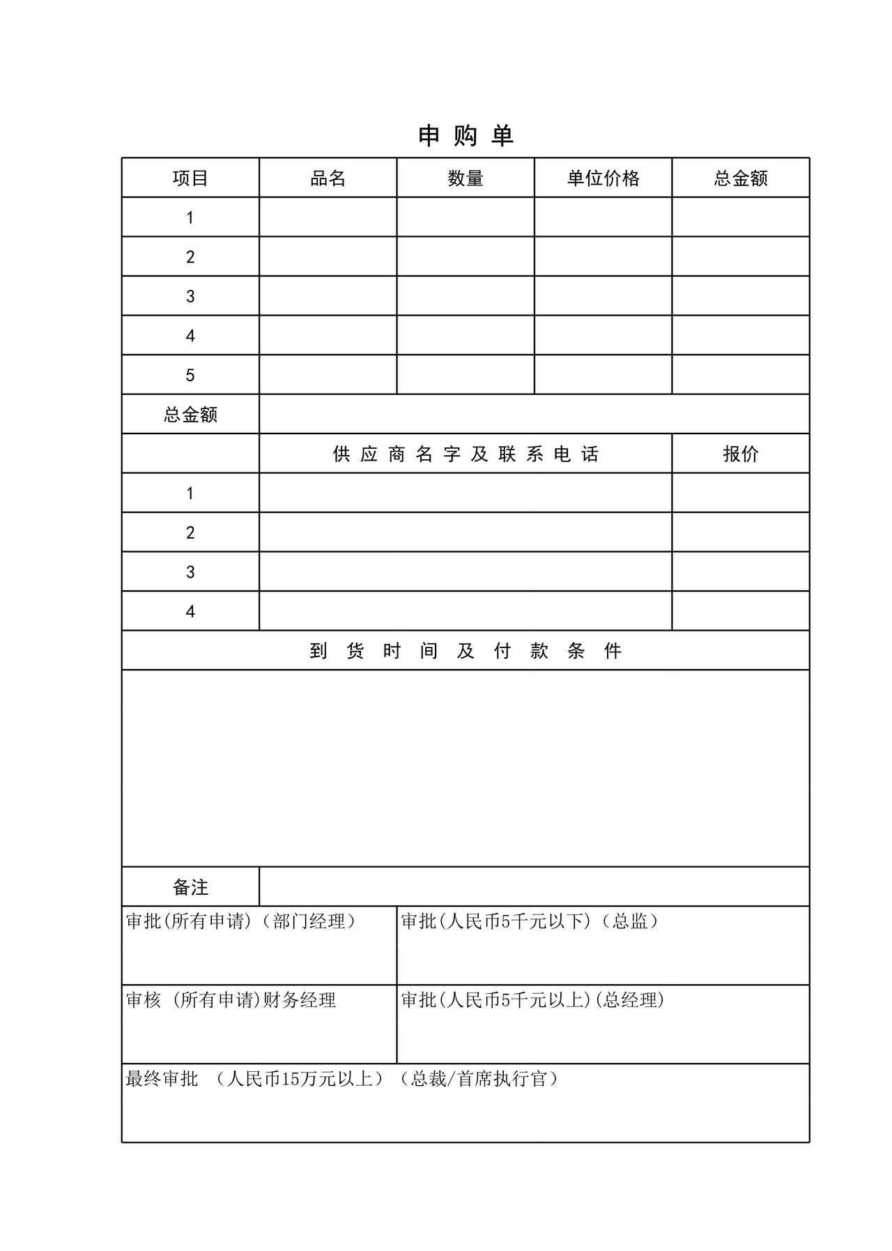 企业公司使用的申购单