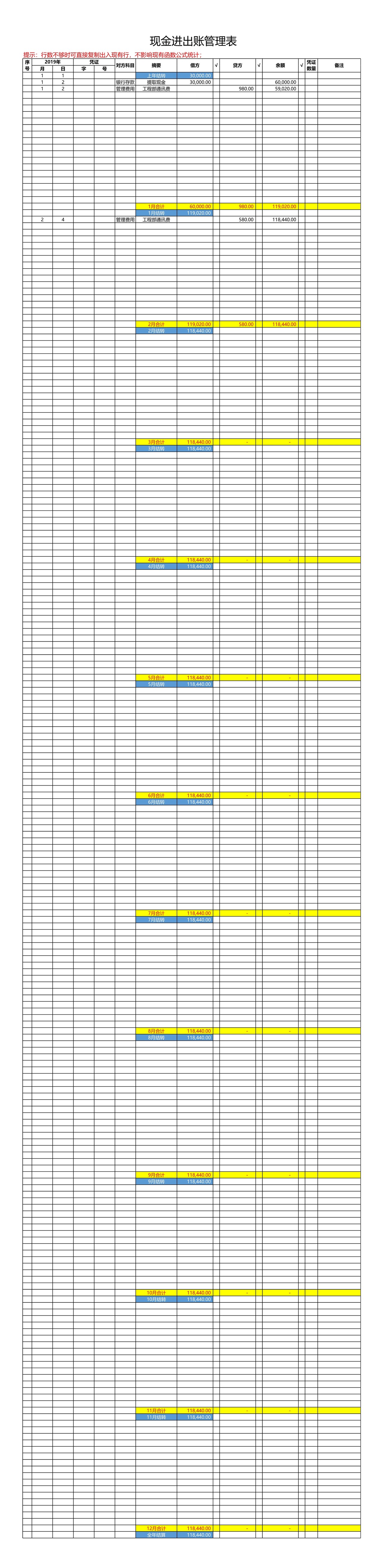 现金进出账管理表