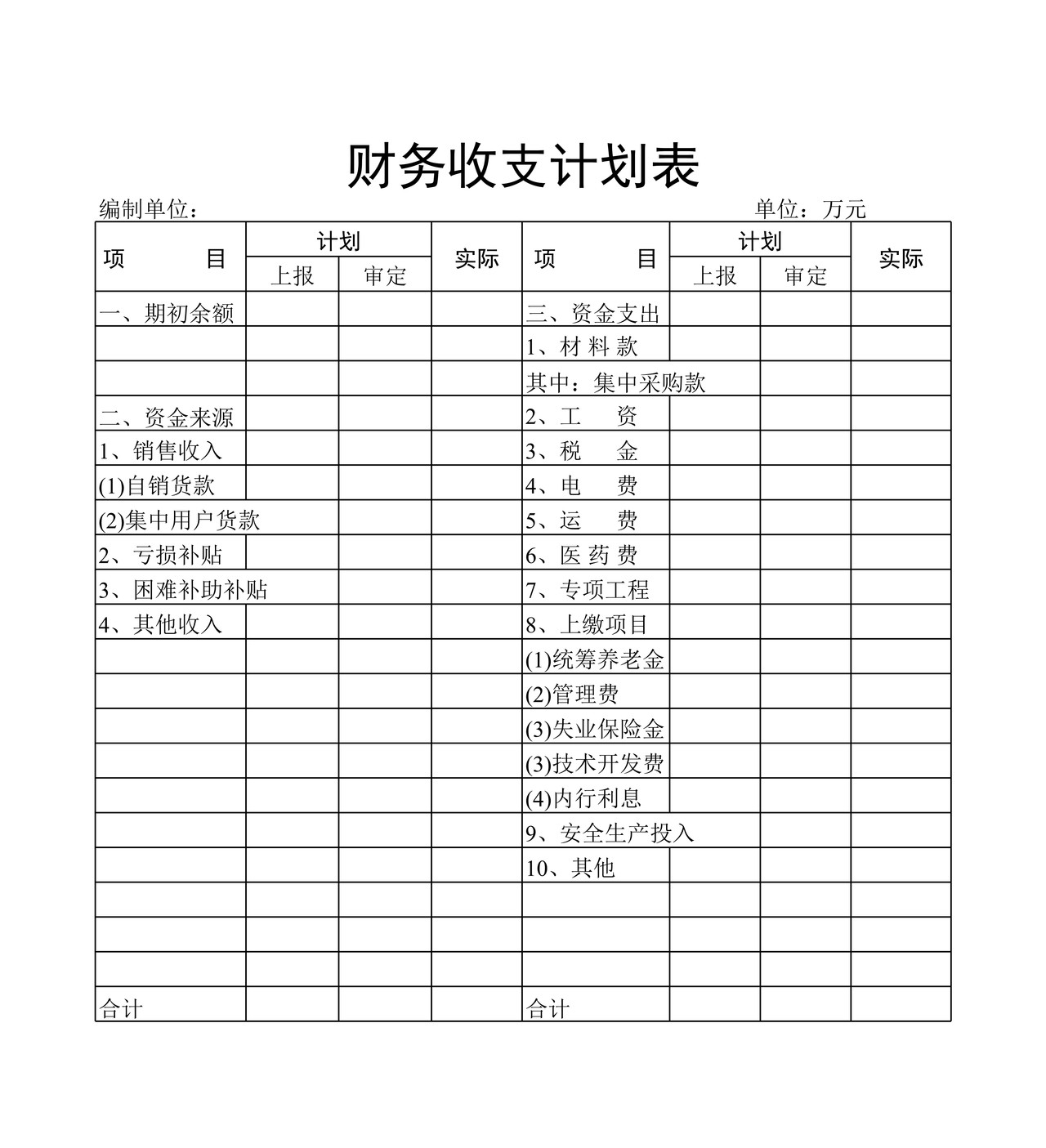财务收支计划表