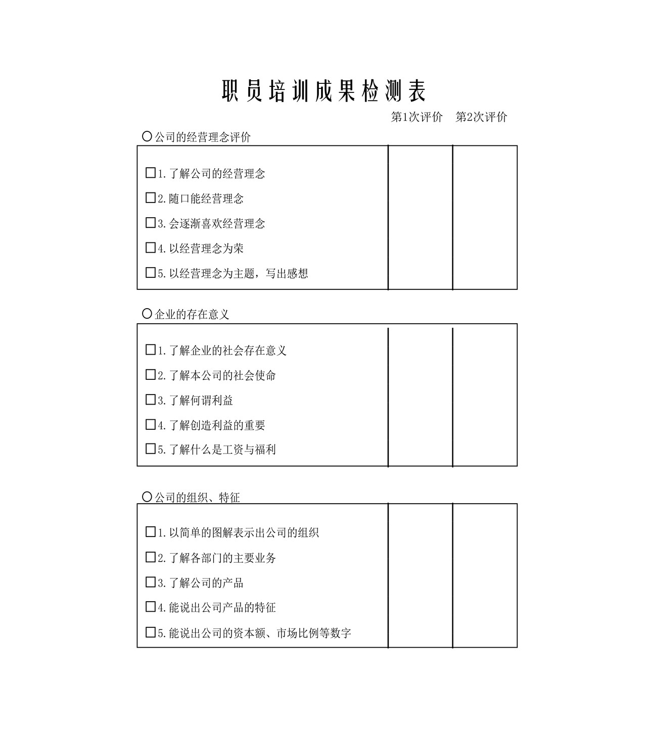 职员培训成果检测表