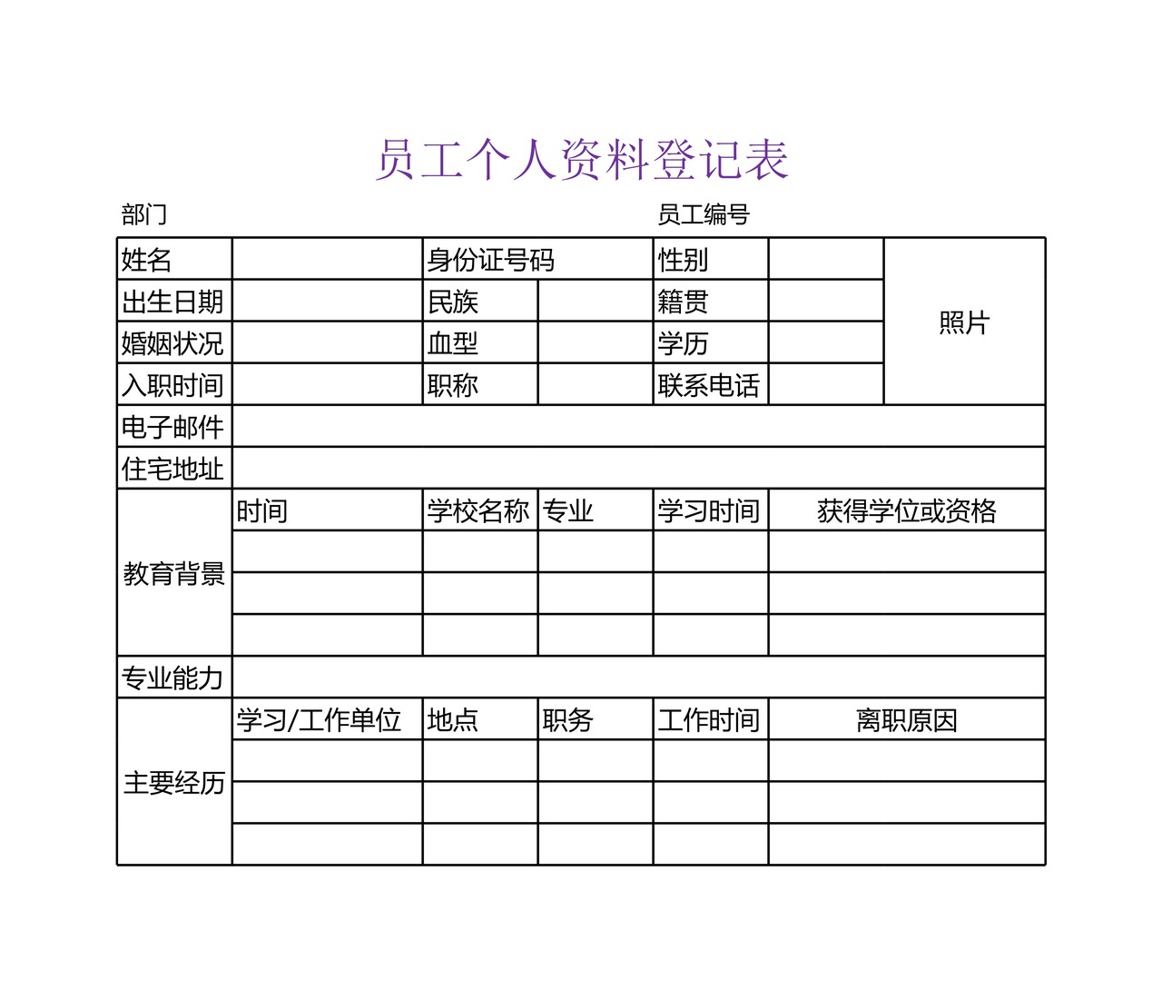 员工个人资料登记表