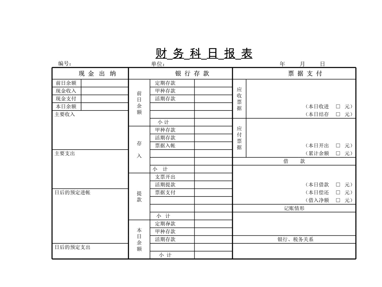 财务科目日报表