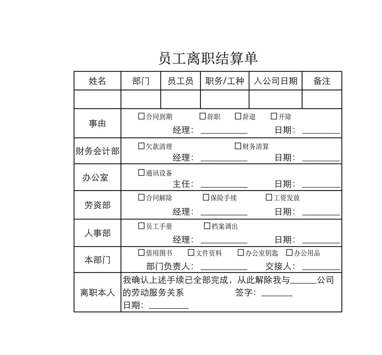 员工离职结算表