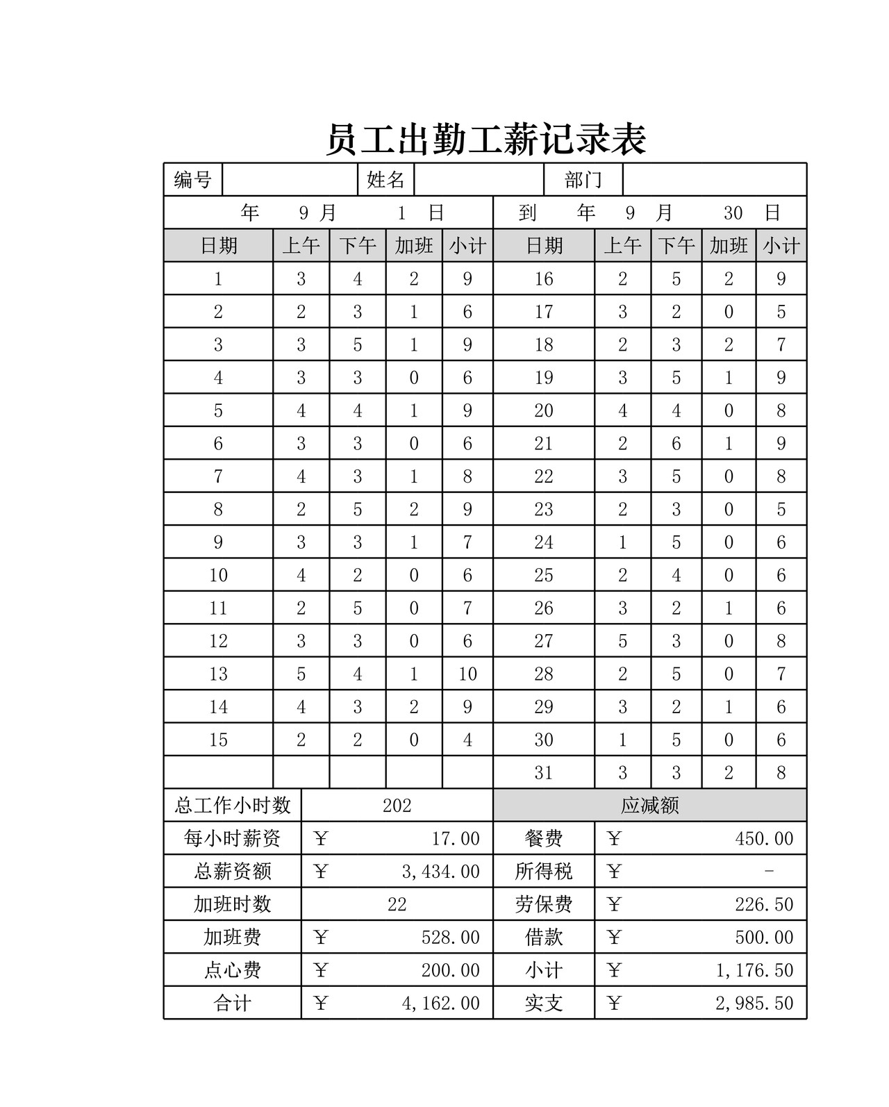 员工出勤工薪记录表