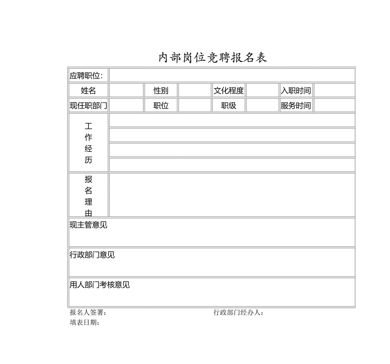 内部岗位竞聘报名表