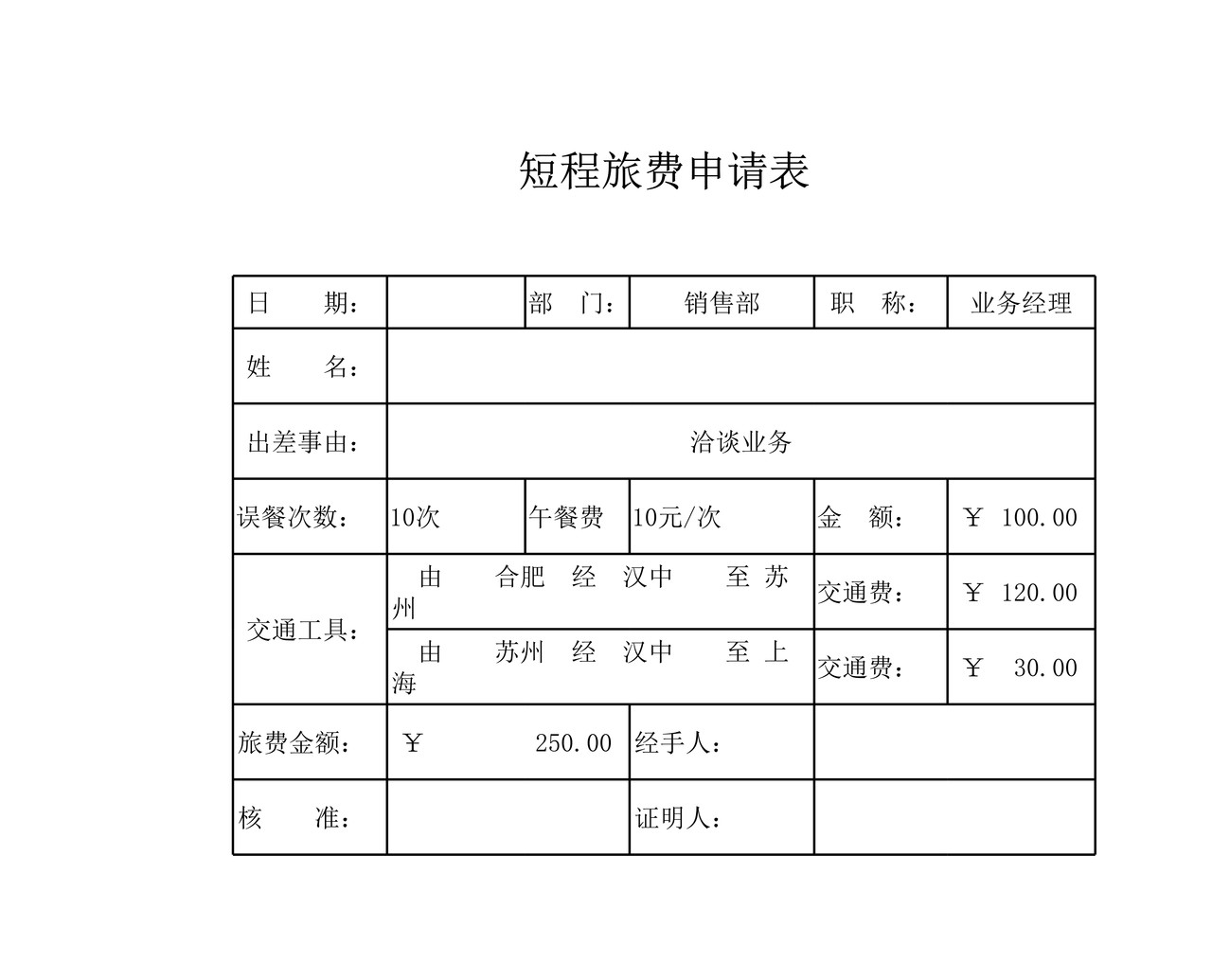 短程旅费申请表