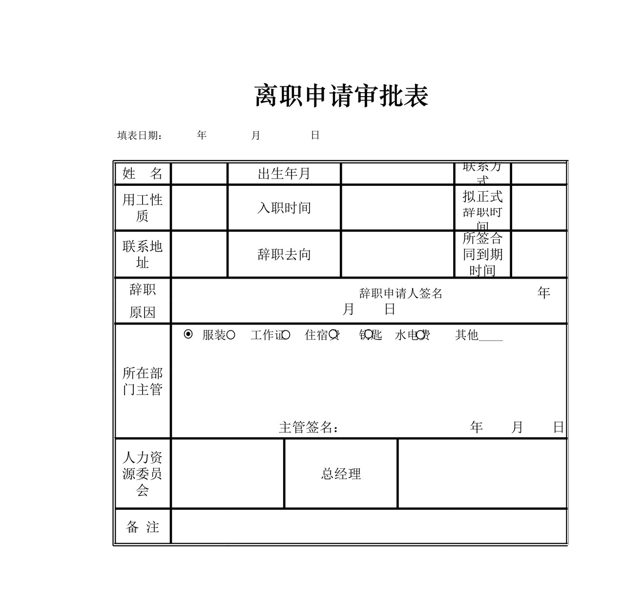 辞职申请审批表