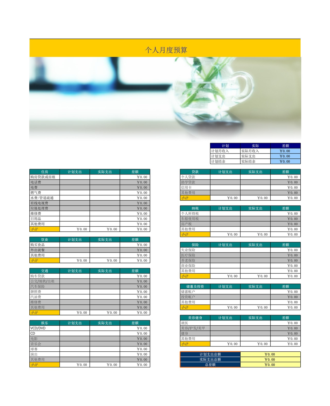 个人月度预算财务表