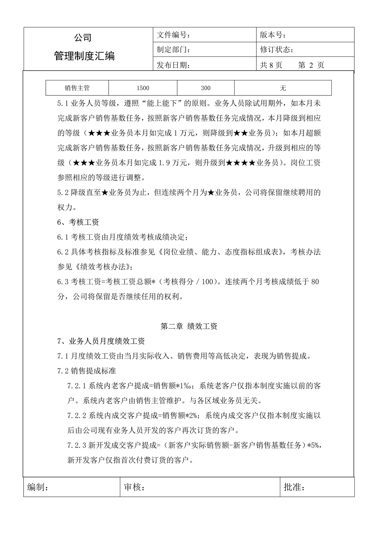 某公司销售部门薪酬制度