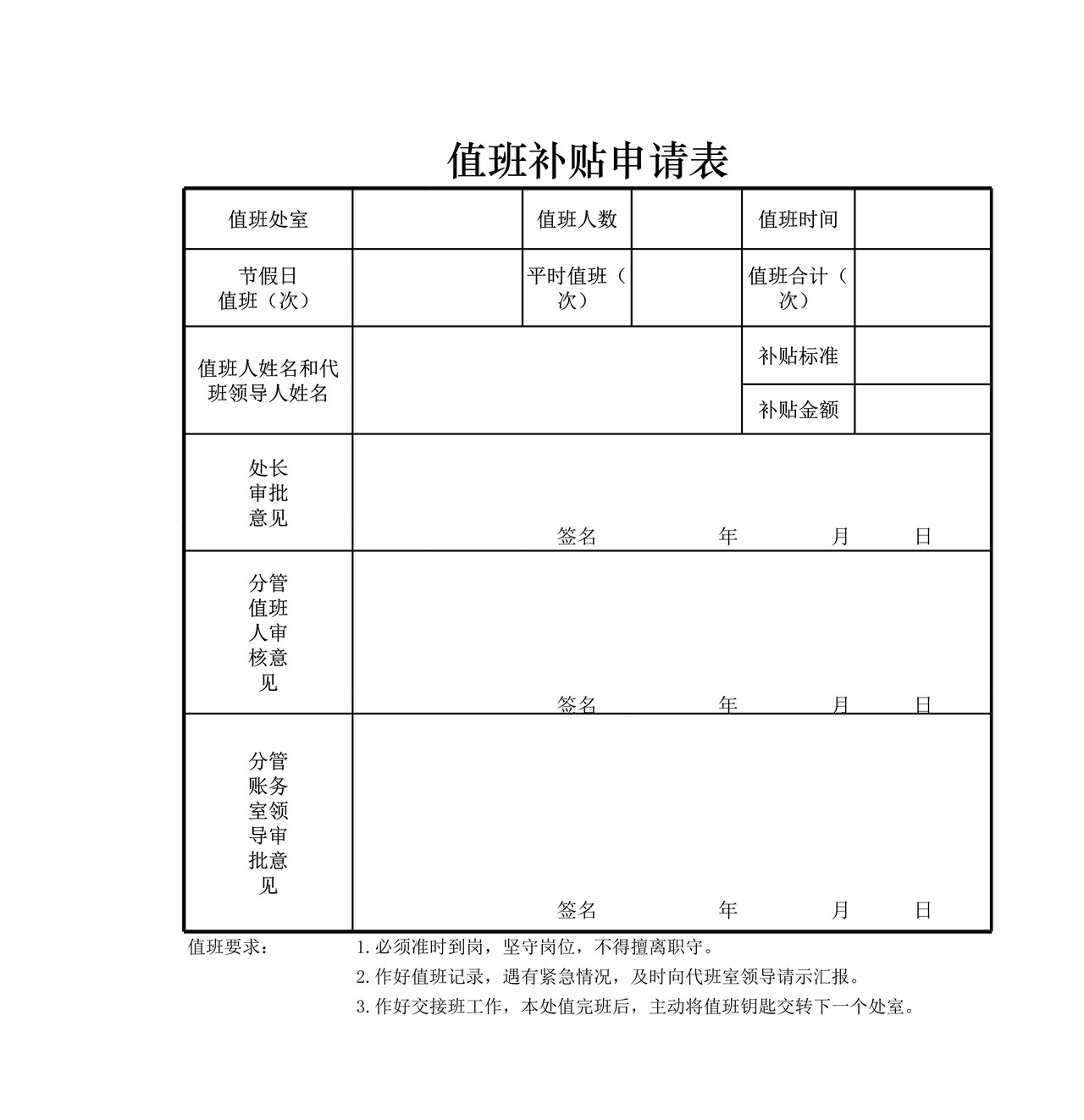 值班补贴申请表