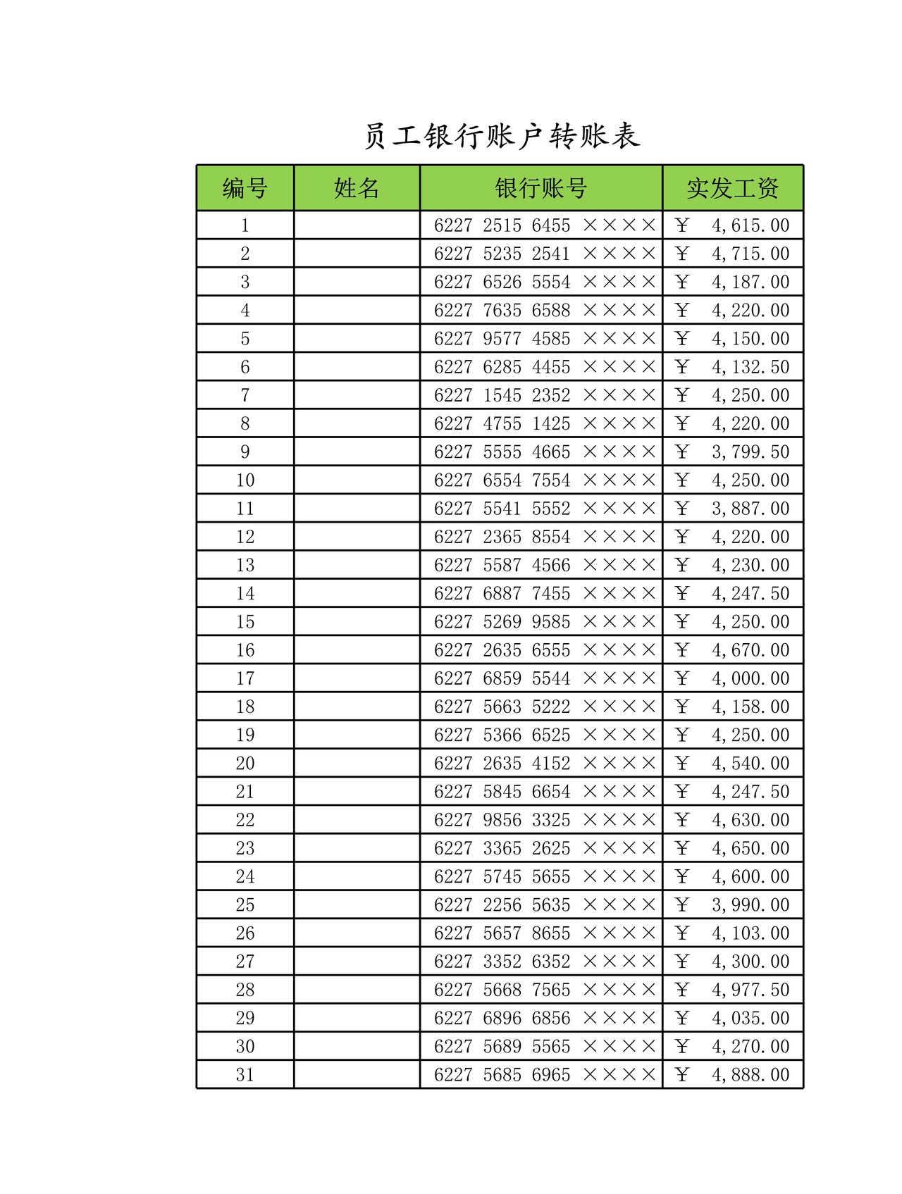 员工银行帐户转帐表