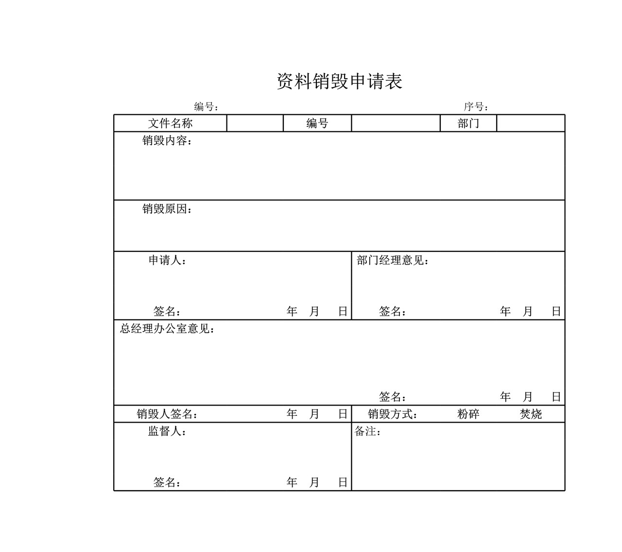 资料销毁申请表