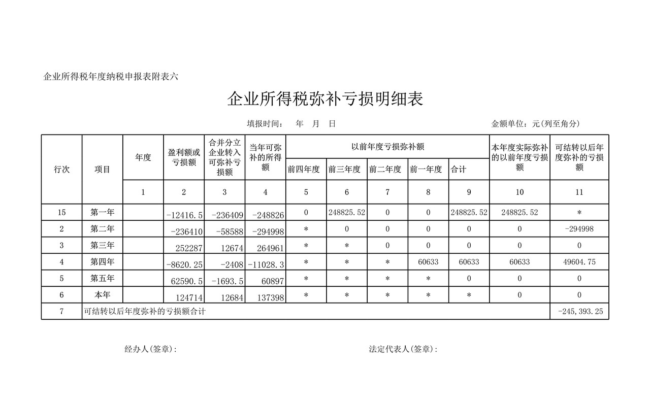 税前弥补亏损明细表
