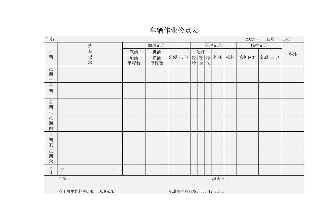 车辆作业检点表