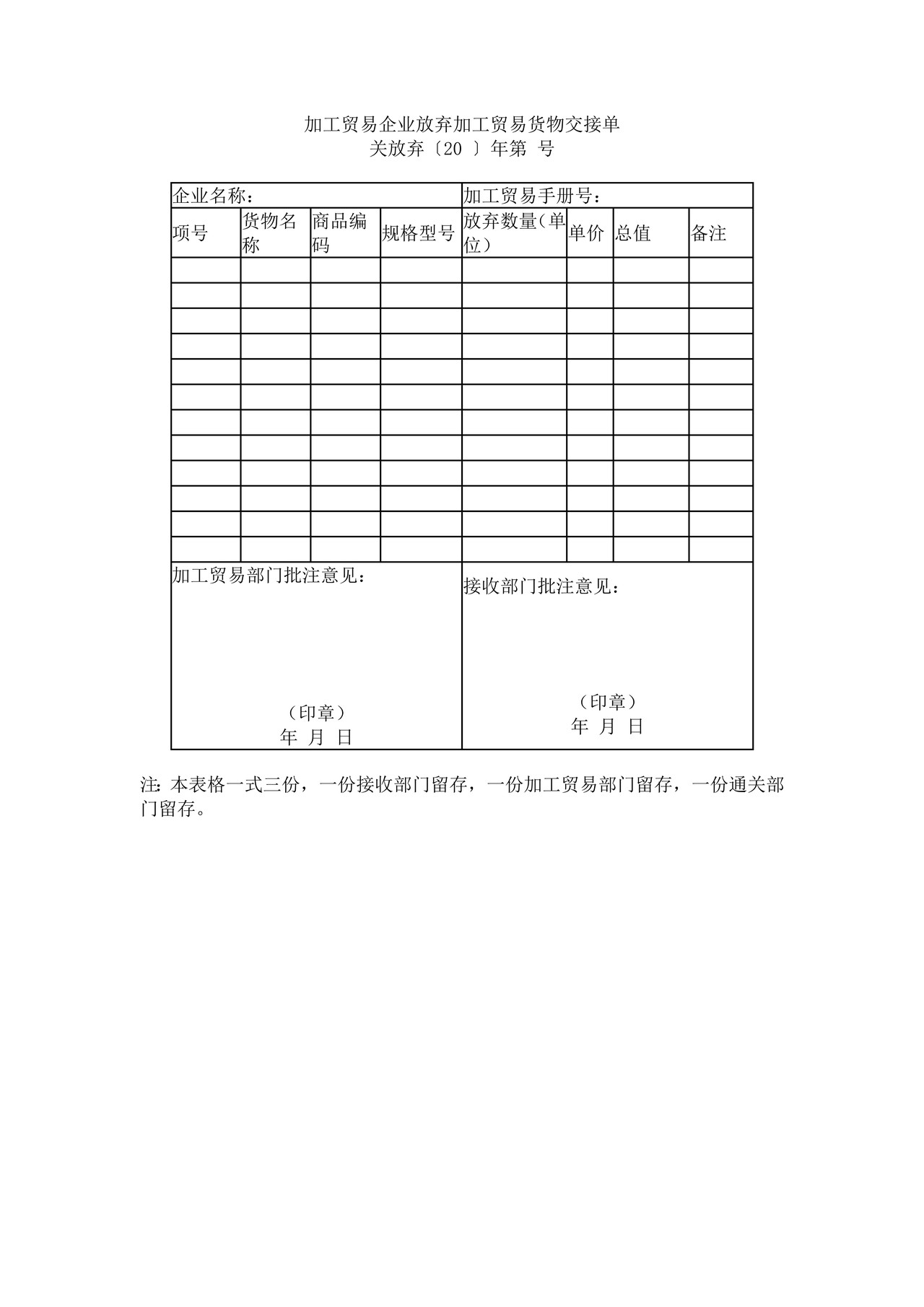 《加工贸易企业放弃加工贸易货物交接单》