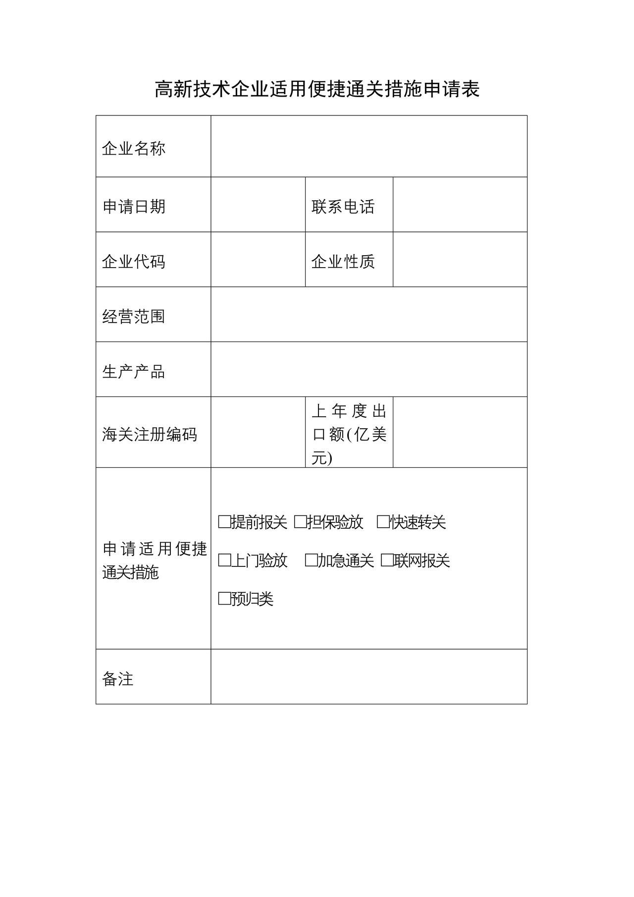 《高新技术企业适用便捷通关措施申请表》