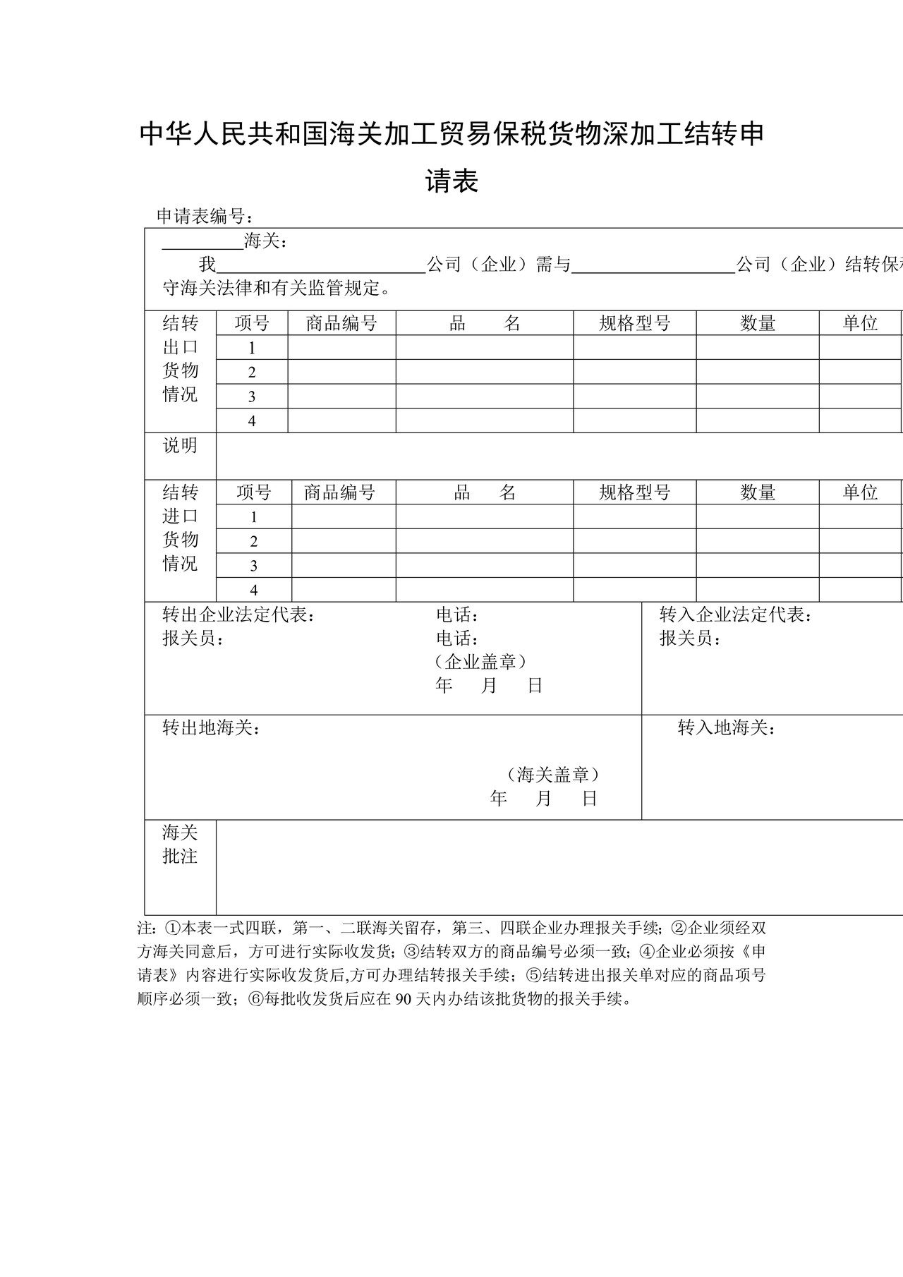 《中华人民共和国海关加工贸易保税货物深加工结转申请表》