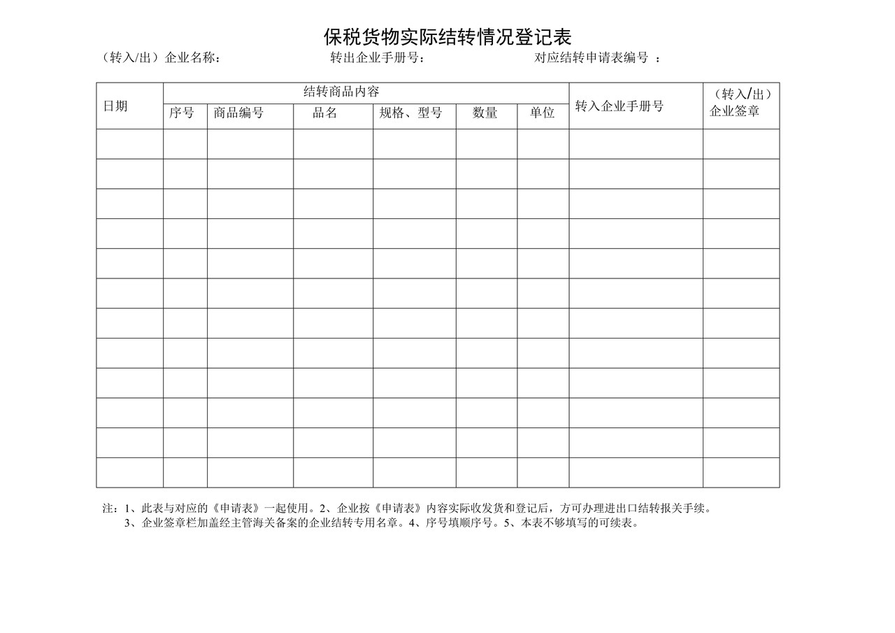 《保税货物实际结转情况登记表》