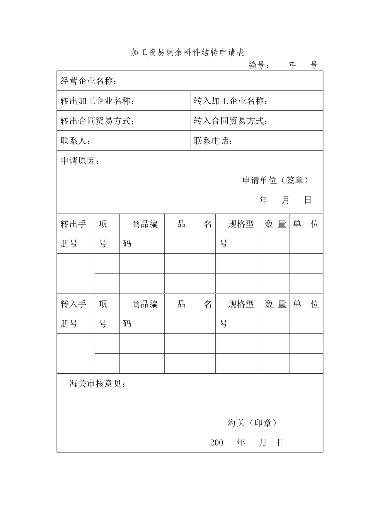 加工贸易剩余料件结转申请表（杭州海关）