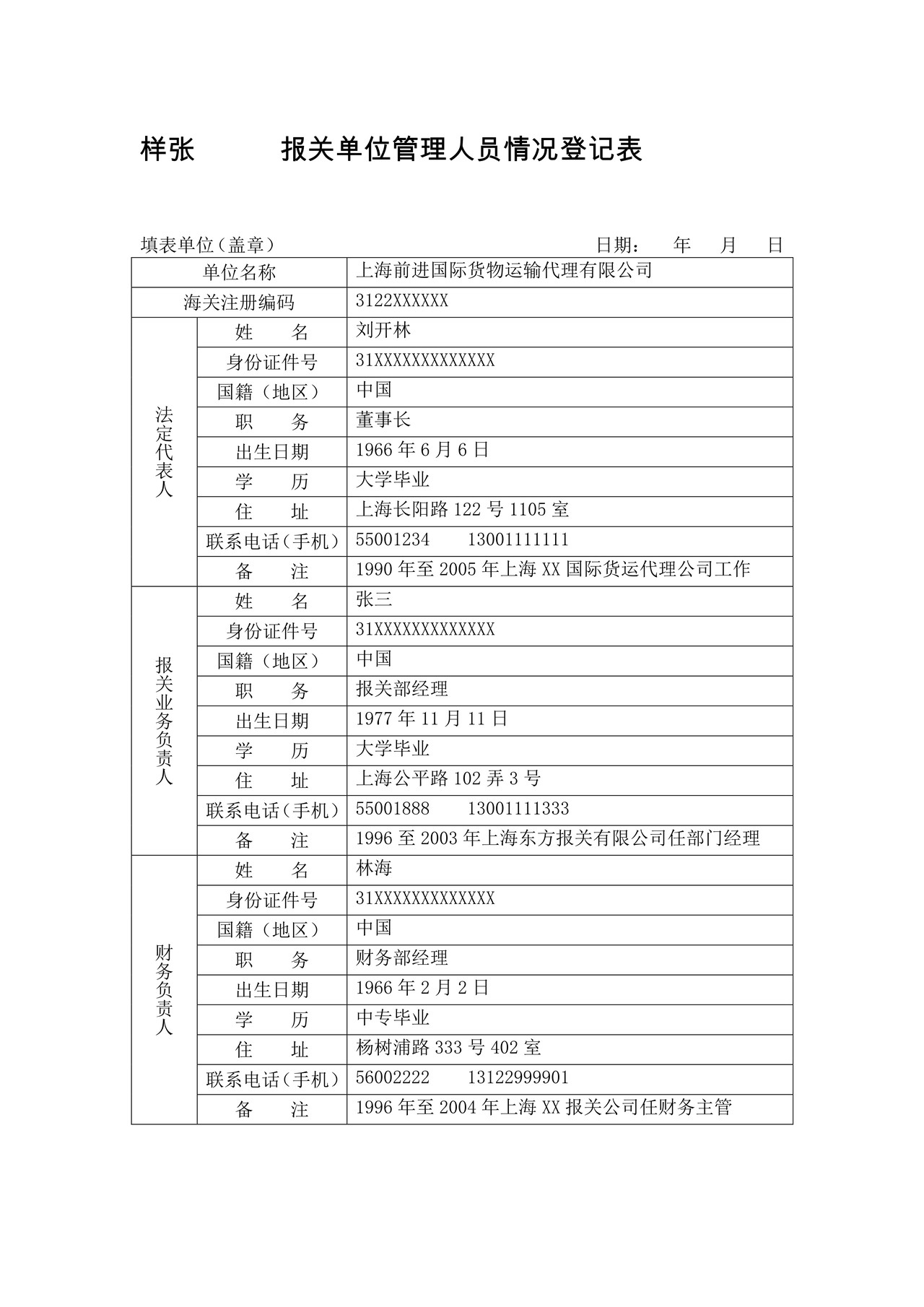 报关单位管理人员情况登记表