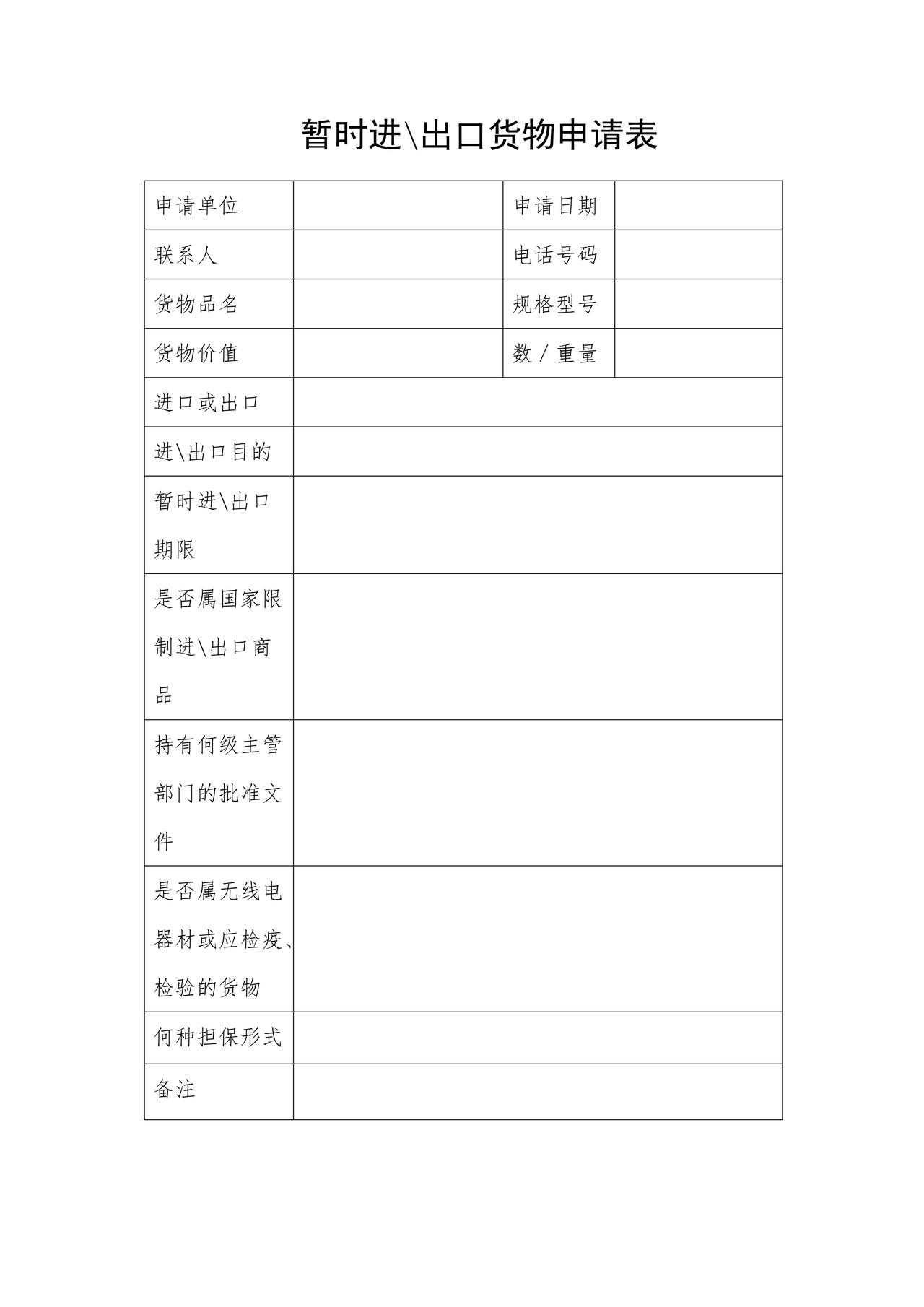 暂时进出口货物申请书（杭州海关）