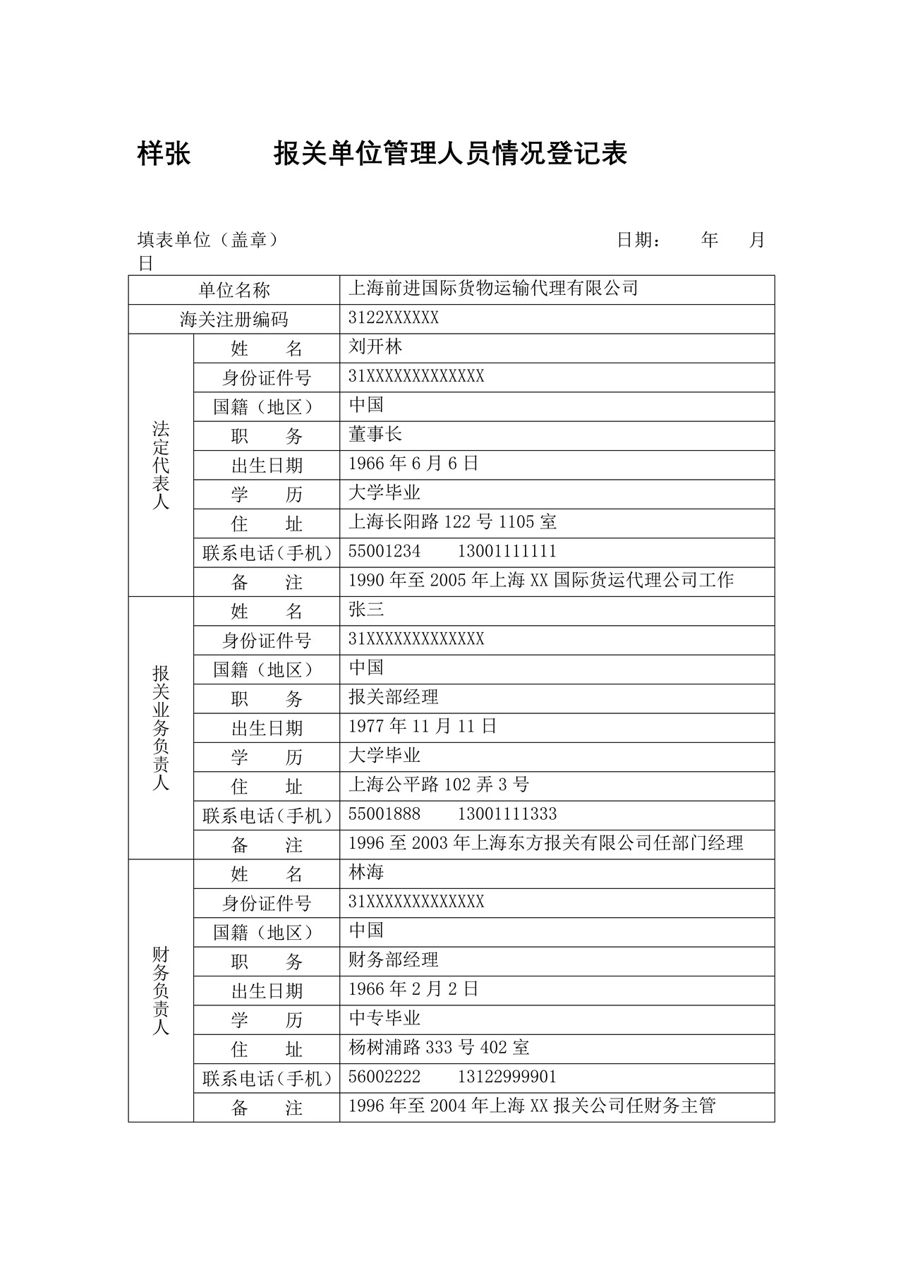 报关单位管理人员情况登记表