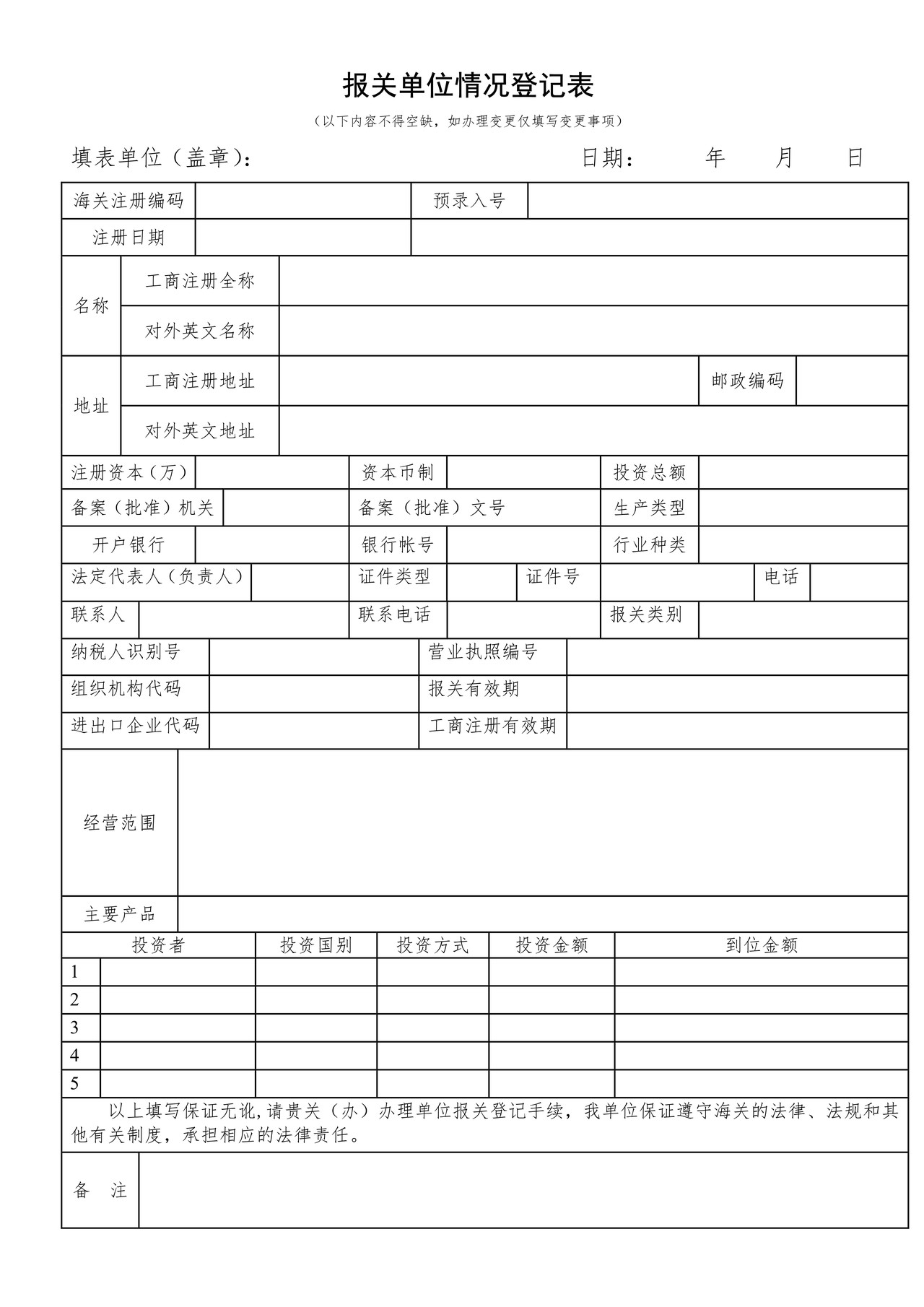 报关单位情况登记表(青岛海关)