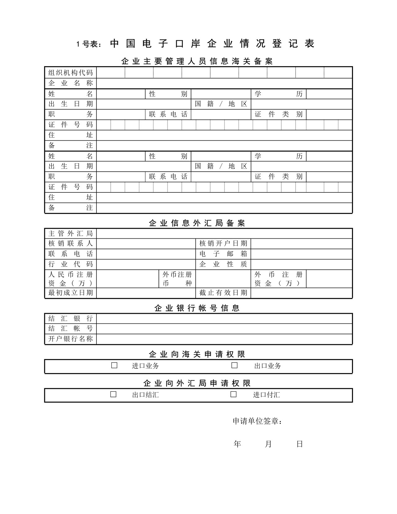 中国电子口岸企业情况登记表（1号表）