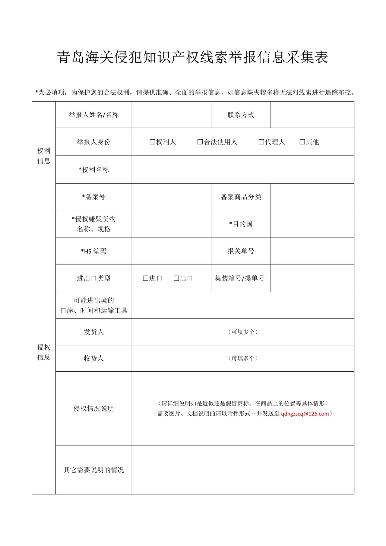 青岛海关侵犯知识产权线索举报信息采集表