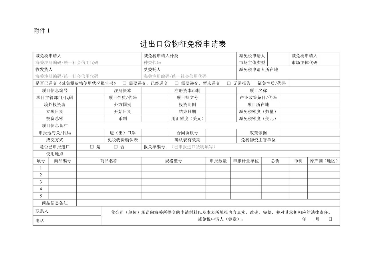 进出口货物征免税申请表(青岛海关)