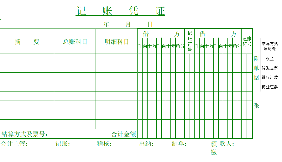 记账、收款、付款、转账凭证(打印版)模板