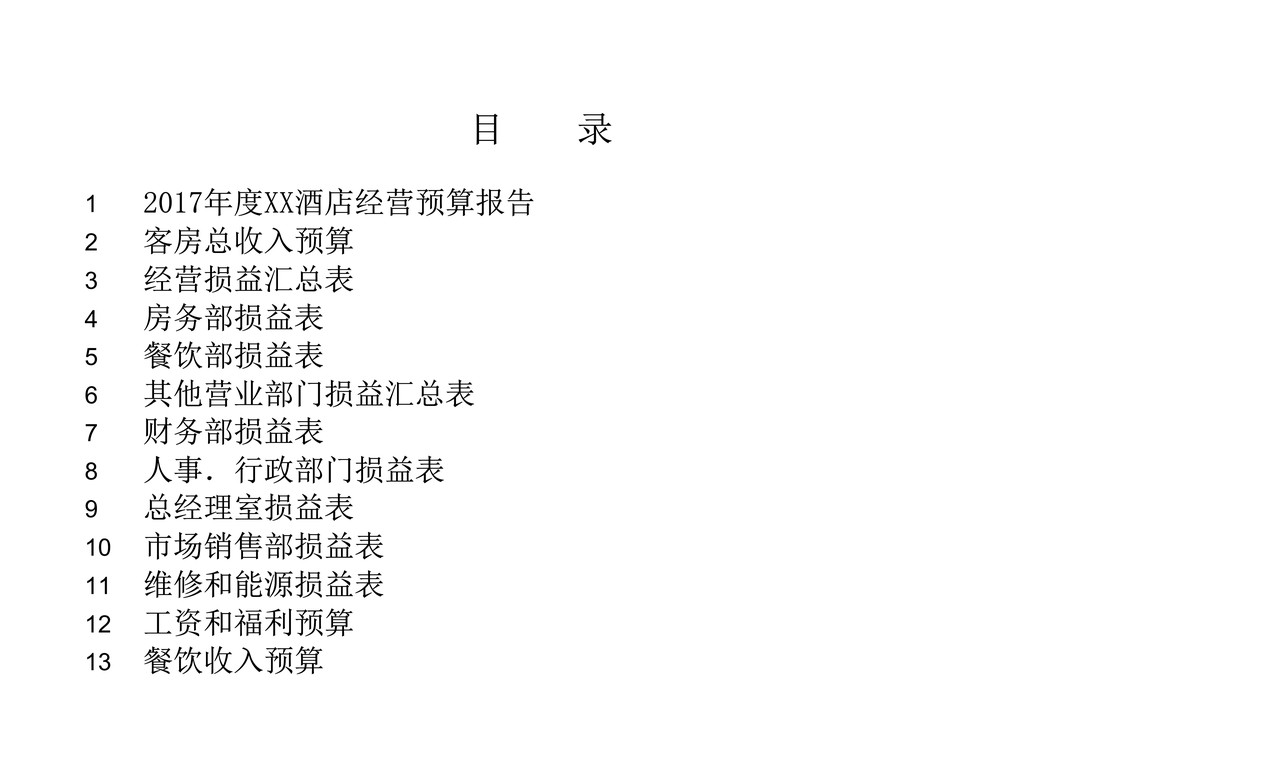 酒店预算财务报表