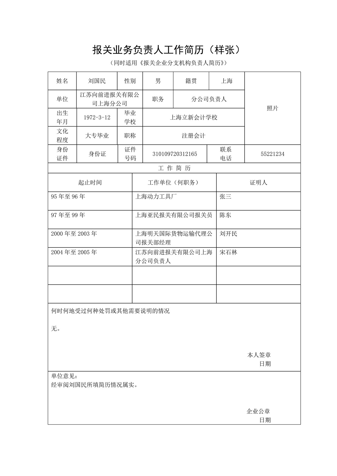 报关企业负责人简历表