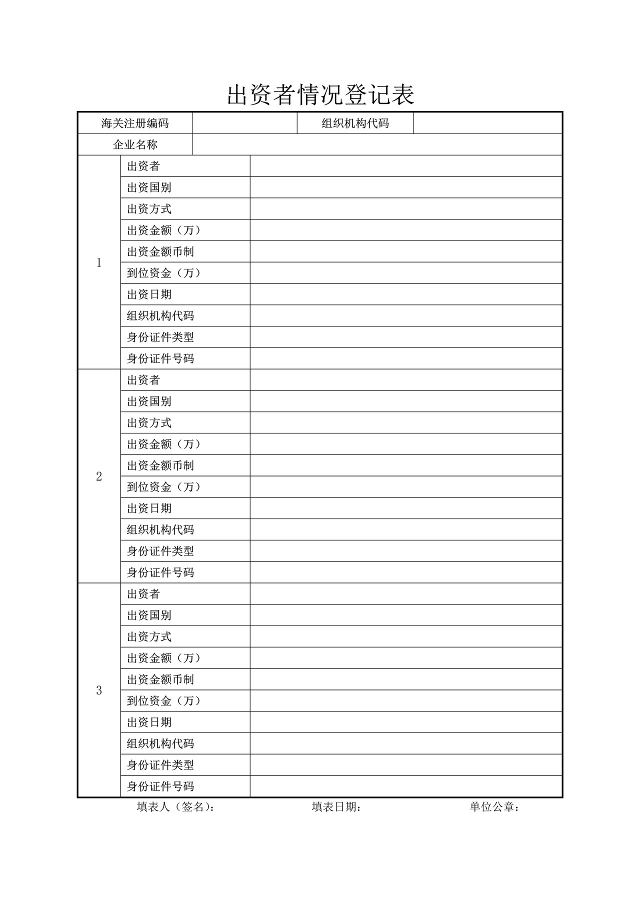 出资者情况登记表