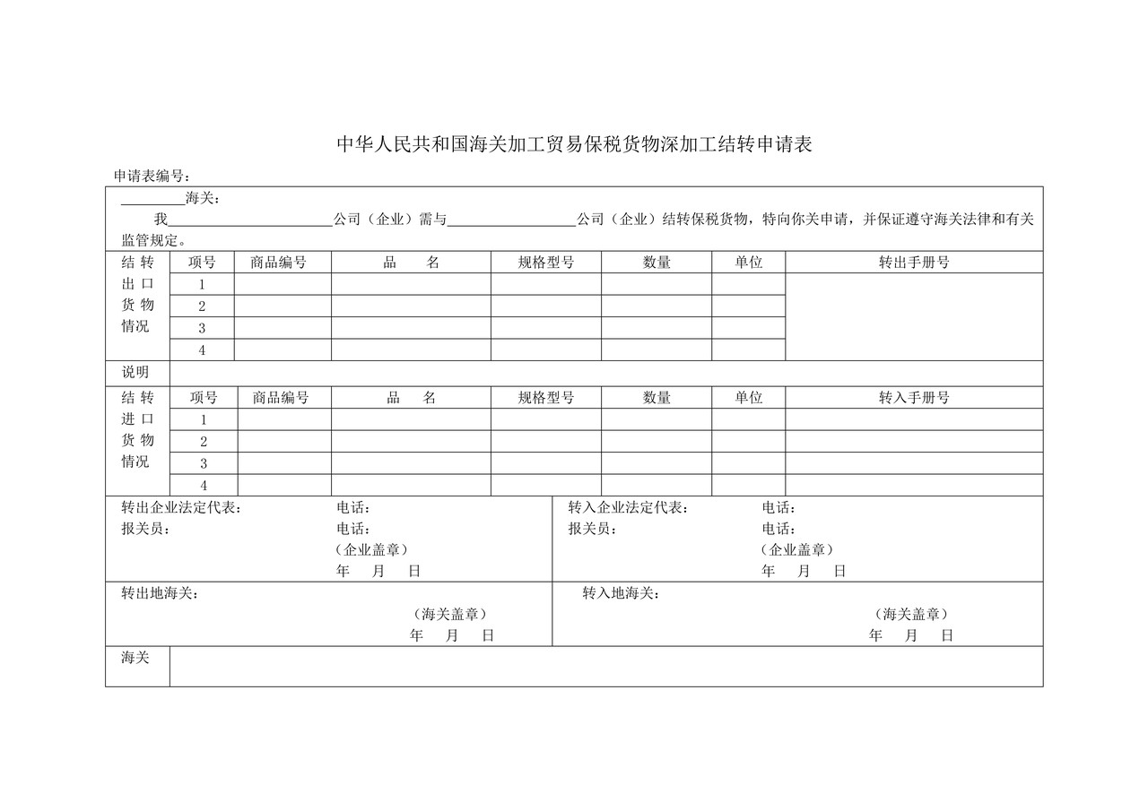 加工贸易保税货物深加工结转申请表