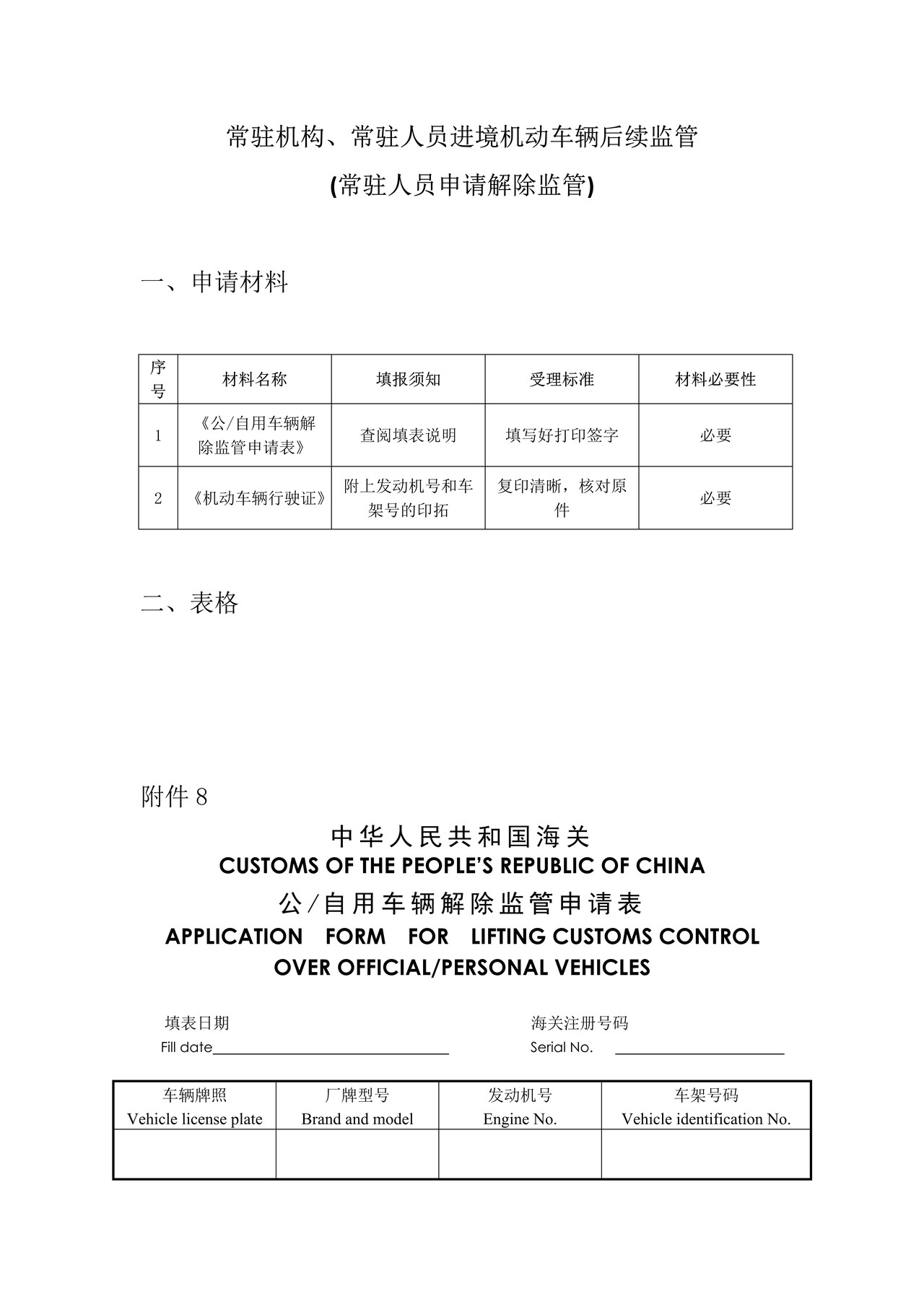 常驻机构、常驻人员进境机动车辆后续监管(常驻人员申请解除监管)办事指引