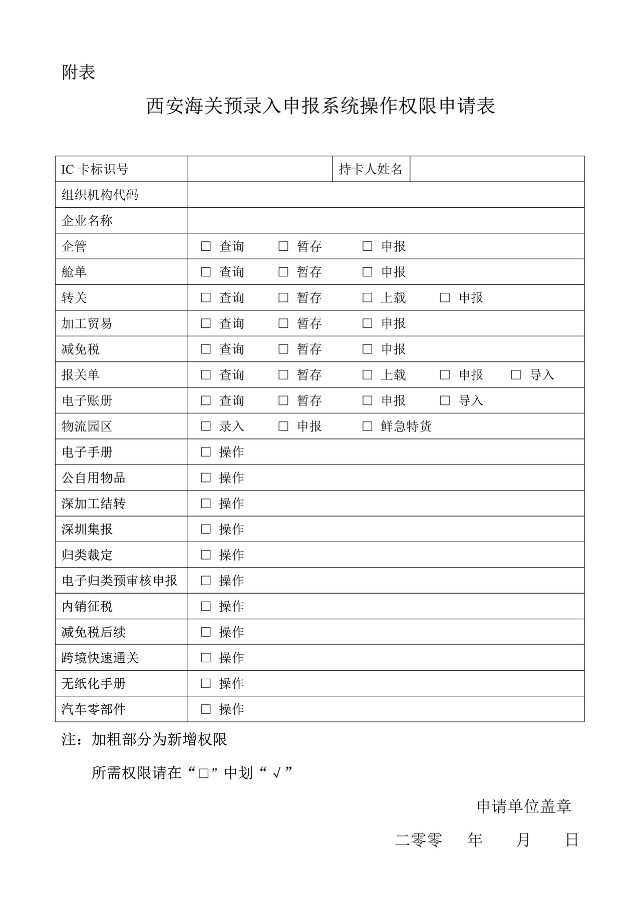 西安海关预录入申报系统操作权限申请表