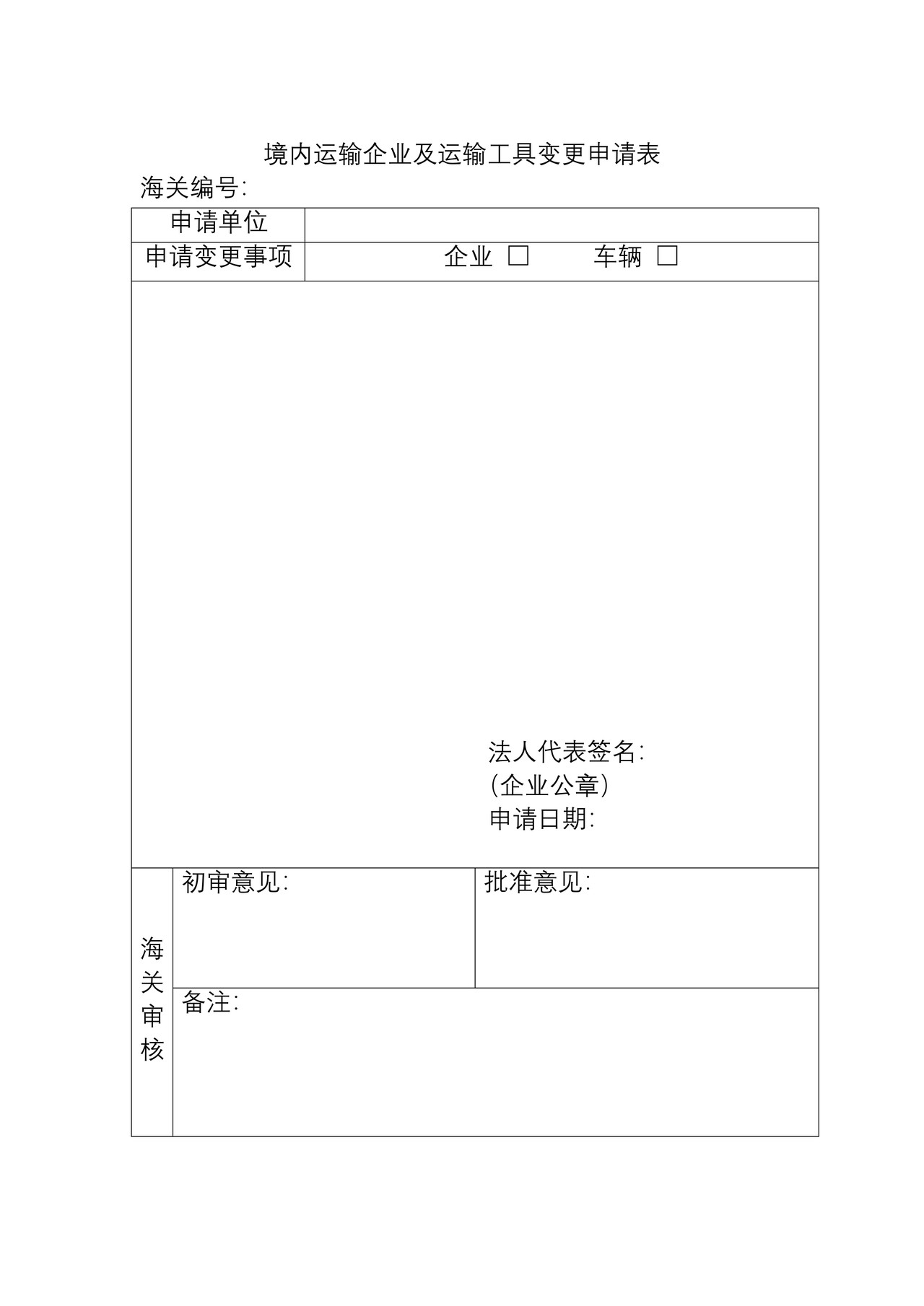 境内运输企业及运输工具变更申请表