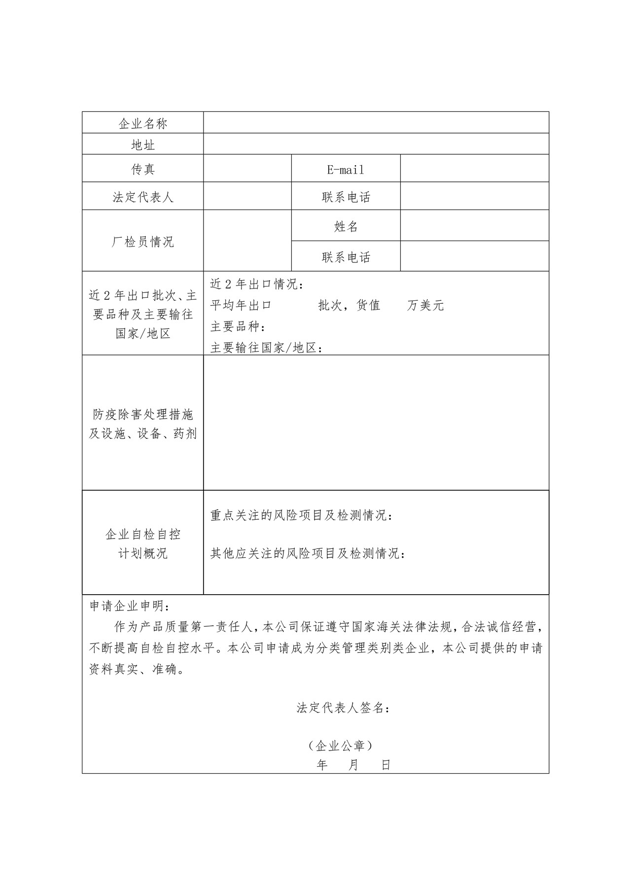 出境竹木草制品生产企业分类管理考核申请表