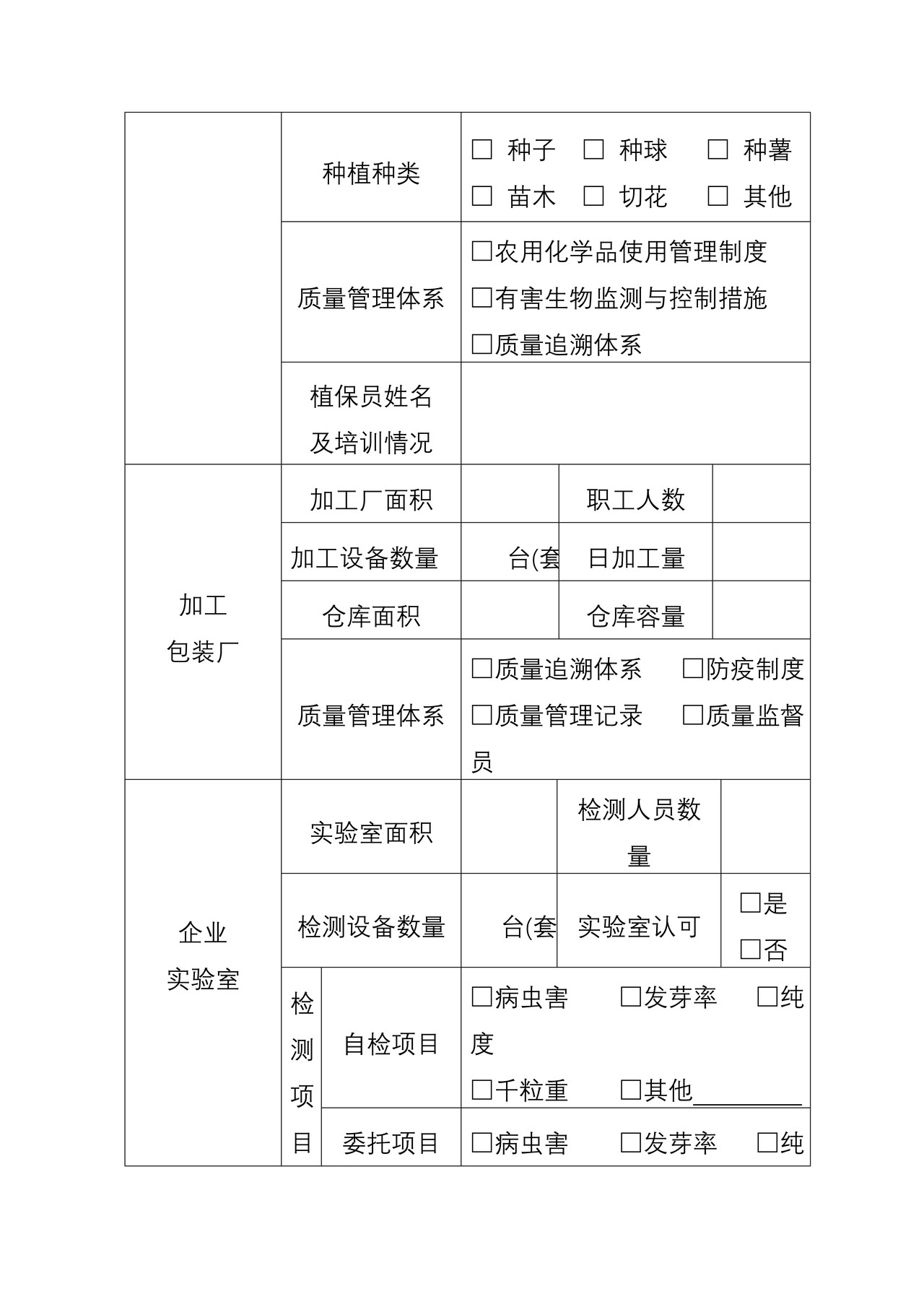 出境种苗花卉生产经营企业注册登记申请表