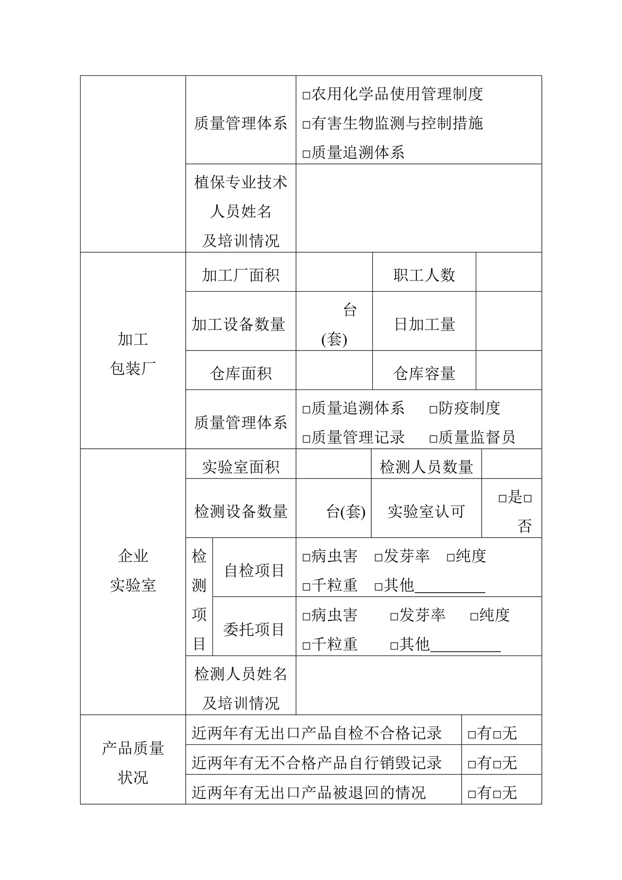 出境种苗花卉生产企业注册登记申请表
